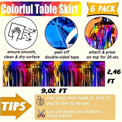 Rainbow Metallic Foil Fringe Table Skirts - 6 Pack, 29x108 Inch Party Decorations