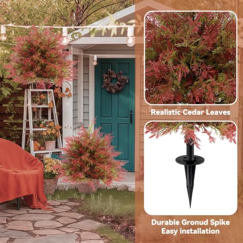 Artificial Fall Cedar Topiary Trees with Ground Stakes - Red & Green, 24-Inch