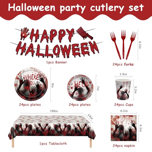 Halloween Bloody Handprint Party Plate Set for 24 Guests - Tableware & Decorations