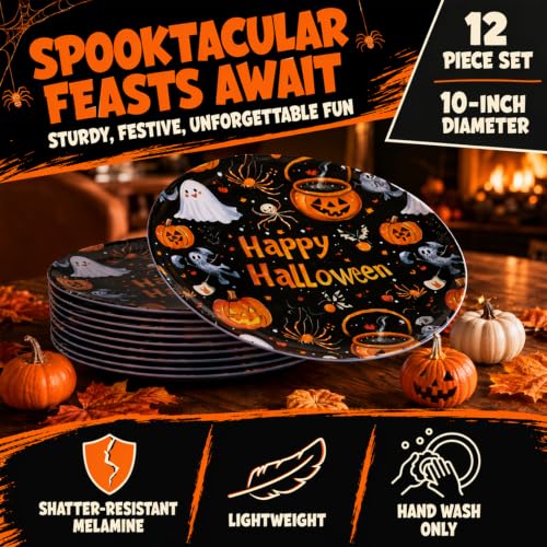 Black Halloween Melamine Dinner Plates - 10-Inch, 12-Piece Set