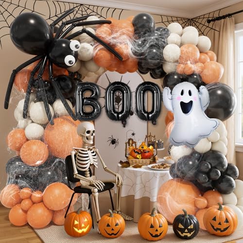 Halloween Balloon Garland Arch Kit with Ghost, BOO, Spider Web & Eyeball Balloons - Black Orange White Sand Variation