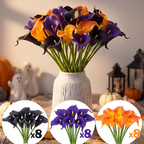 Halloween Flower Picks Set - 24 Black, Orange & Purple Artificial Calla Lilies, 14 Inch