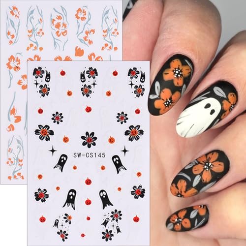 Halloween Nail Art Stickers Decals - 6 Sheets with Ghost, Pumpkin, Spider Web & Flame Designs - Variation 09