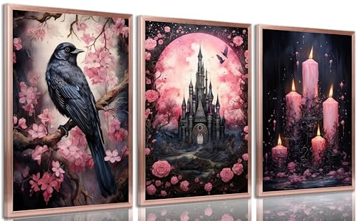 Pink Raven Castle Halloween Wall Art - 16"L x 12"W Unframed - Dark Romantic Canvas Decor