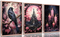 Pink Raven Castle Halloween Wall Art Canvas - 24x16 Unframed - Romantic Gothic Decor