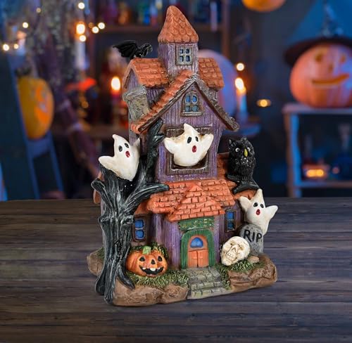 Halloween Haunted House Figurine - Spooky Resin Village Display Decor, 9 Inch