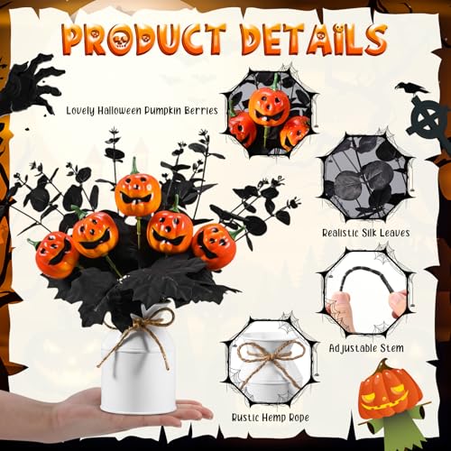 Halloween Table Centerpiece Decorations Set with Black Pumpkins & Eucalyptus - 2 Pieces