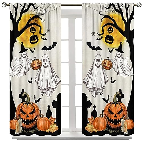 Halloween Curtains for Living Room - 42x45 Inch Cartoon Ghost Pumpkin Moon Decor - Orange Pack of 2