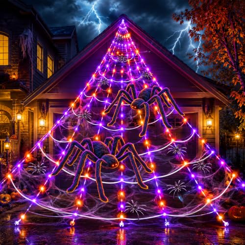 Outdoor Halloween Spider Web Lights with Fake Spiders - Waterproof, 8 Modes
