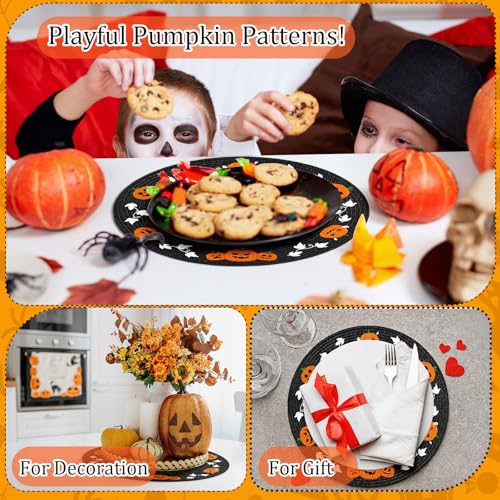 Halloween Round Placemats Set of 6 - Embroidered Pumpkin and Ghost Table Decor