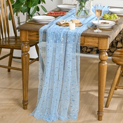 Horaldaily Light Blue Gold Star Gauze Tablecloth 60x84 Inch Rectangular
