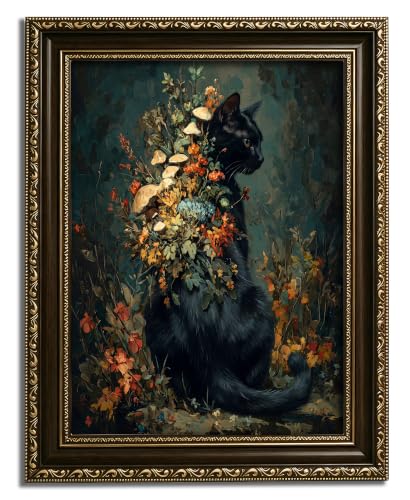 Black Cat Wall Art Canvas - Framed Moody Woodland Decor 16x12 in - Variation of THIS listing