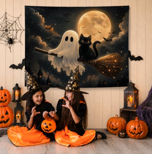 Halloween Ghost Black Cat Tapestry - Night Sky Wall Decor 50x60 - Moonlit Broom Ghost Cat Variant
