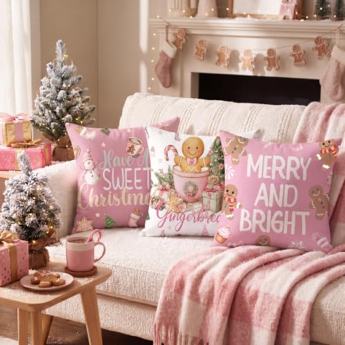 Pink Gingerbread Christmas Pillow Covers 6 Pack 18x18 Suede Holiday Decor