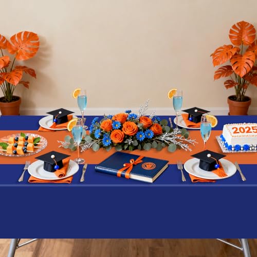 Orange and Navy Blue Waterproof Disposable Rectangle Tablecloths - 4 Piece Set, 86x51 Inches, Party Decorations
