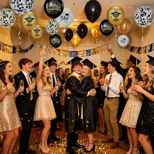 Printed Graduation Balloons 61pcs Black Gold Silver Confetti Latex Party Decorations