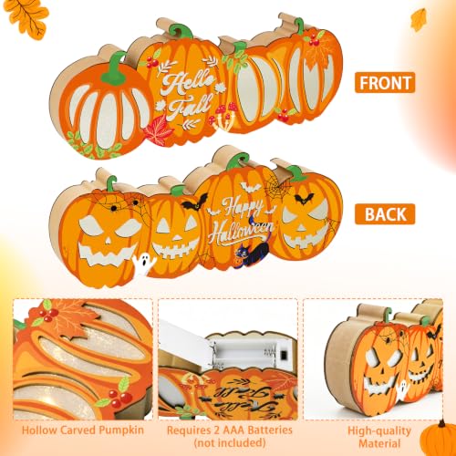 Lighted Halloween & Autumn Pumpkin Table Decor - Double-Sided Wooden Centerpiece