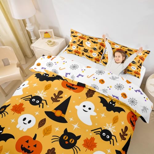 Halloween Cartoon Pumpkin Lantern Bedding Set - Full Size Orange Duvet Cover & Pillowcases, 3 Pieces, Kids Bedroom Decor, Variation 25
