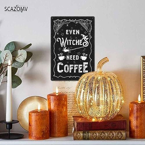 Halloween Coffee Sign Metal Wall Art - Vintage Witches Need Coffee Plaque - 8x12 Inches