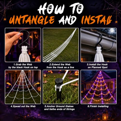 Outdoor Halloween Spider Web Lights with Fake Spiders - Waterproof, 8 Modes
