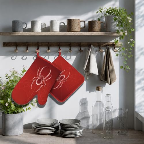 Halloween Spider Web Oven Mitts and Pot Holders Set - Silicone Heat Resistant Kitchen Gloves