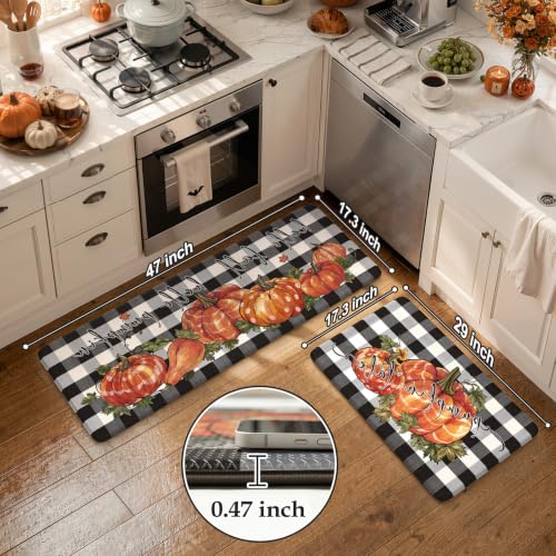 KIMODE Anti-Fatigue Kitchen Mat Set - Black & White Plaid, 2-Piece, 17.3x47 & 17.3x29 Inches, Non-Slip, Thick Cushioned Rugs