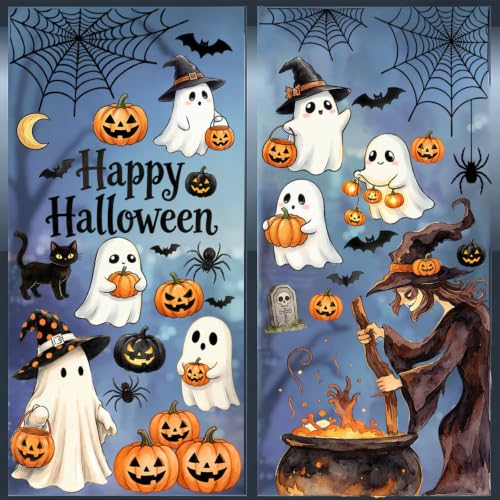 Halloween Window Clings Decorations - Ghost Pumpkin Variation, Reusable PVC Stickers