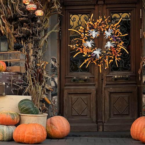 Halloween Wreath 23 Inch Artificial Spider Front Door Decoration - Black