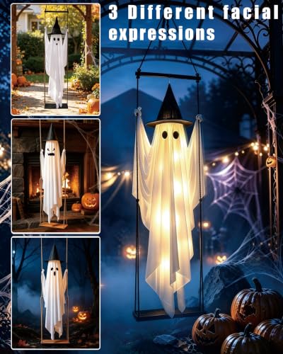 Large Halloween Hanging Ghost Decor - 5.2FT Outdoor Swing Ghost with Lights & Face Customization