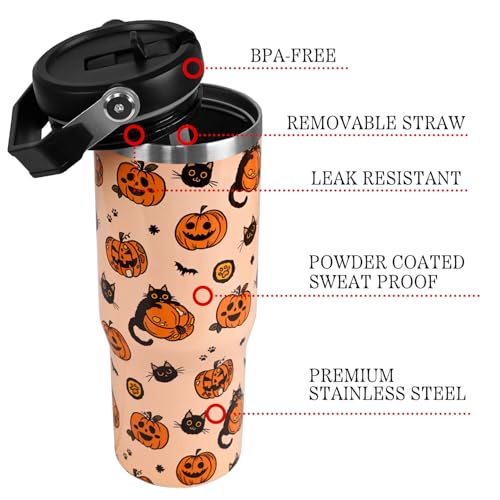 Halloween Black Cat Pumpkin Tumbler with Lid & Straw 30oz - Spooky Fall Gift
