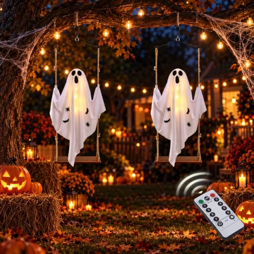 Outdoor Halloween Ghost Decorations with Lights and Remote Control - 2 Pack