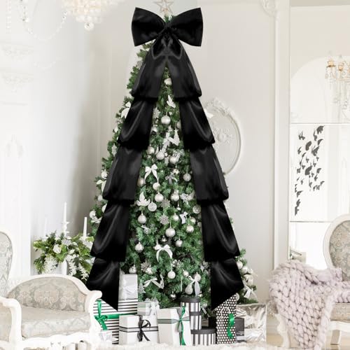 Extra Large Satin Christmas Tree Topper Bow - Black, 118x28 Inches with Long Streamers - Holiday Decor