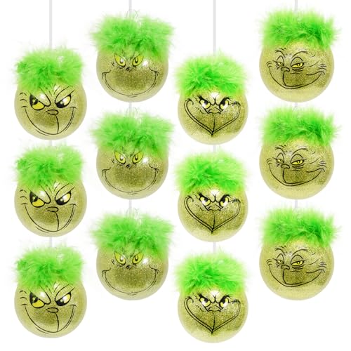 12Pcs Christmas Tree Ornaments Bulk - 3.15 Inch Lime Green Balls with Festive Designs
