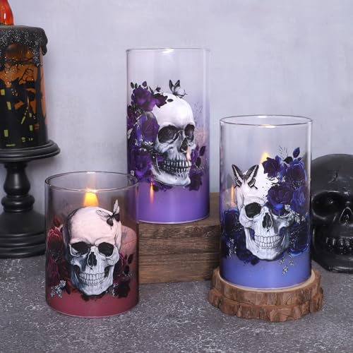 Gothic Skull Rose Flameless Candles Set with Remote Control - Halloween Decor