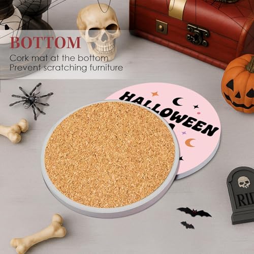 Halloween Coasters Set of 6 - Ceramic Pink Ghost Drink Protectors with Cork Bottom & Holder