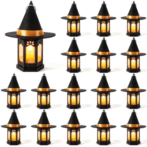 Halloween Mini Lantern and Witch Hat Set with Flickering LED Candles - 16 Pieces
