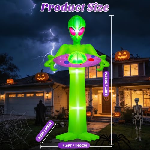 10FT Tall Inflatable Alien with UFO Halloween Outdoor Decoration - Sci-Fi Yard Inflatable with Lights & Stakes