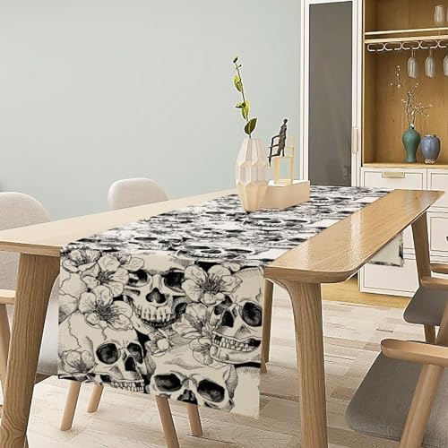 Gothic Table Runner White Skull Flowers Rose Pattern - 13x36in - Farmhouse & Wedding Decor
