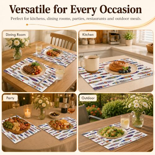 Colorful Fish Linen Placemats Set of 6 - Waterproof Washable Table Mats