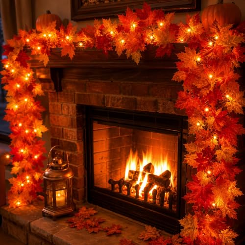 9FT Fall Garland with Lights - Connectable Orange Incandescent Bulbs, Indoor Outdoor Halloween Thanksgiving Decor - 1 Pack