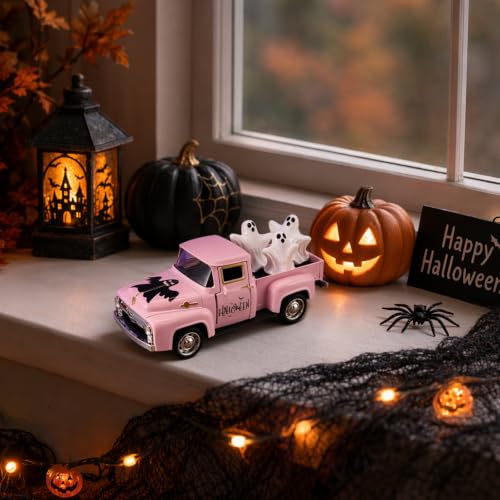 Pink Ghost Truck Halloween Figurine Set with Removable Mini Ghosts - Indoor Decor