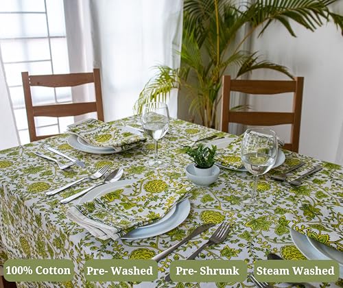 Block Print Table Cloth - Yellow Limegreen 60x108 Inch Cotton Handmade Washable