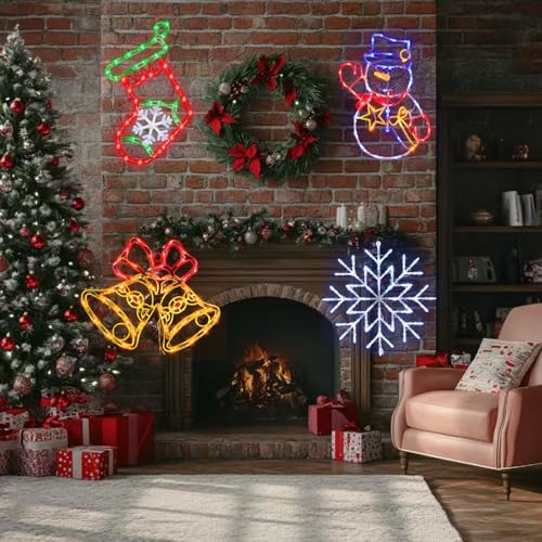 16-Inch Christmas Window Silhouette Lights Decorations with Snowman & Stocking & Bell & Snowflake - Outdoor Indoor Holiday Lights