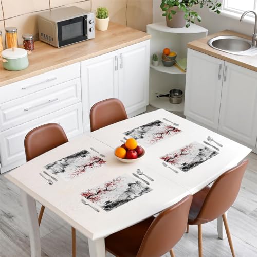 Cherry Blossoms Placemats Set of 4 - White and Red, 18x12 Inches