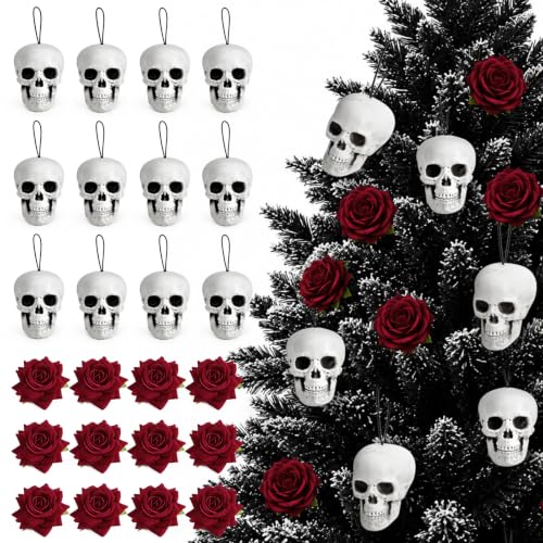 Gothic Halloween Tree Decorations 24Pcs Skull & Rose Hanging Ornaments