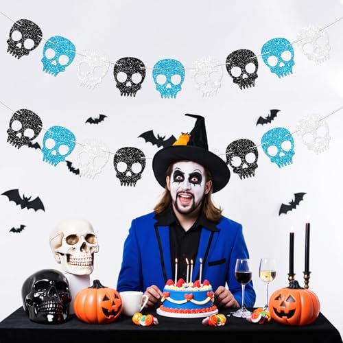 Blue Skull Garland for Halloween Party Decorations Gothic Birthday Banner - 2PCS