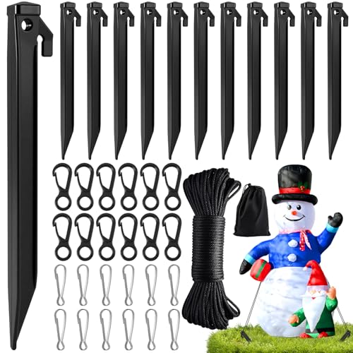 12-Pack Heavy Duty Inflatable Stakes Set with Ropes & Hooks for Outdoor Decorations - Black Plastic Tent Stakes