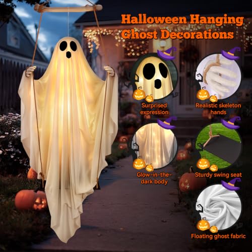 White 5FT Hanging Ghost with Remote Control Halloween Decorations Outdoor
