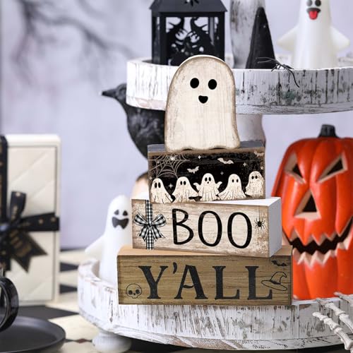 Little Ghost Halloween Wooden Tiered Tray Decor - 4 Pieces, Spooky Whimsy