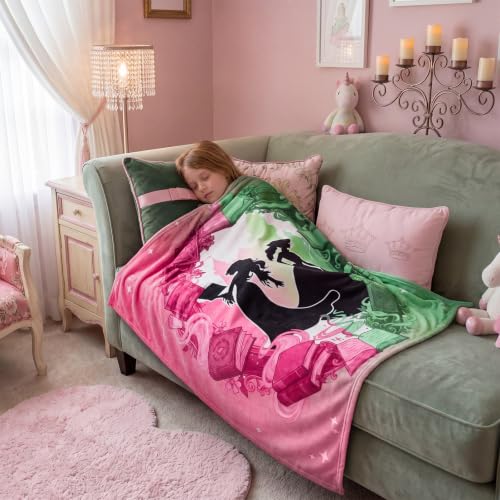 Pink & Green Witch Book Throw Blanket for Girls - Cozy 50x60 Inch Flannel Design